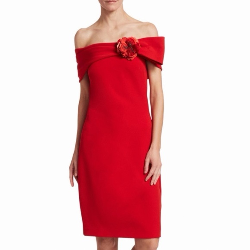 Badgley Mischka Off The Shoulder Festive Holiday Dress w Floral Brooch Size 4